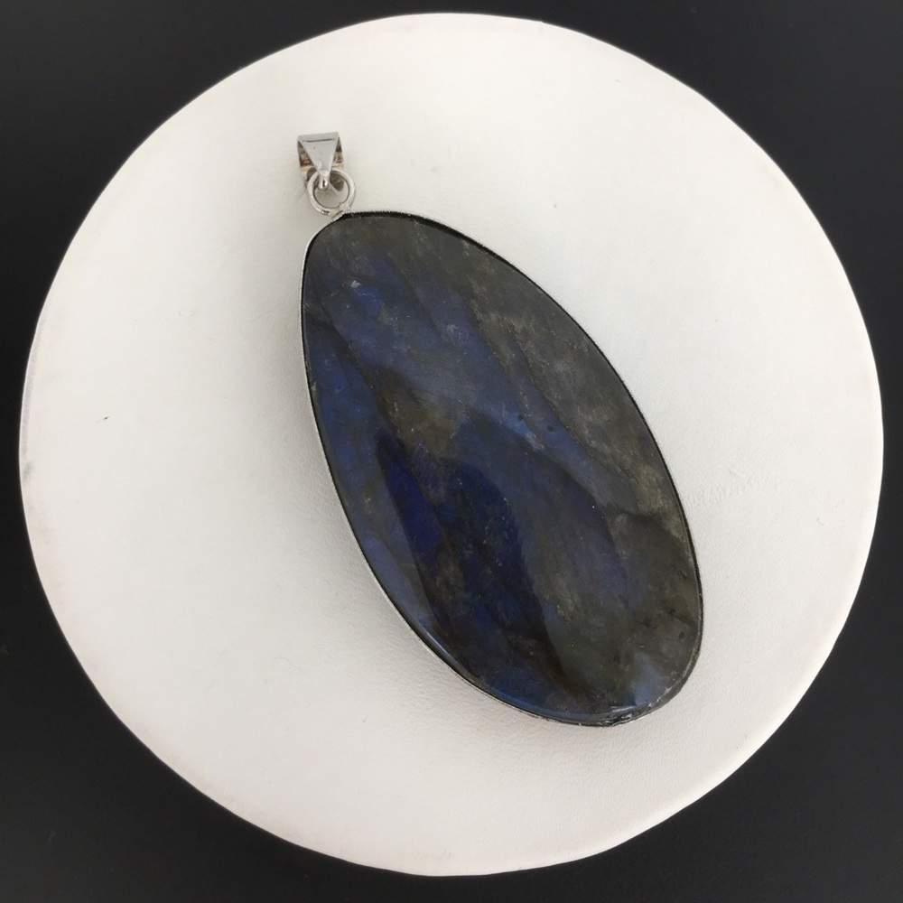 Labradorite Blue Green Flash Large Pendant Oval Natural Stone Silver Metal Wrap - Picture 13 of 14